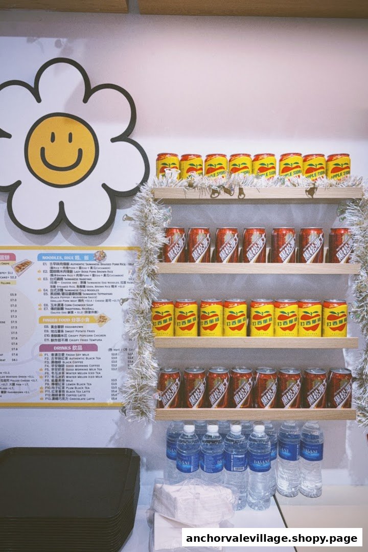 An interior shot featuring a detailed menu board, shelves stocked with various beverages, and a counter area.
