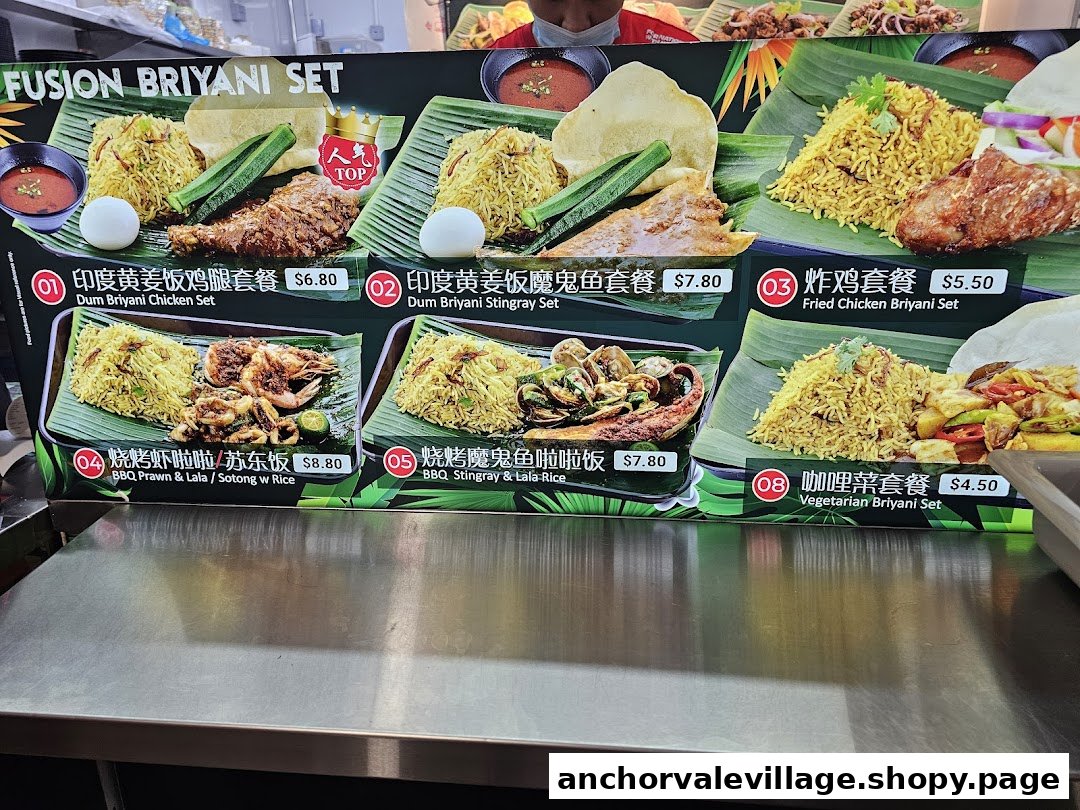 A vibrant menu board displaying various Fusion Briyani Set options with prices and images.
