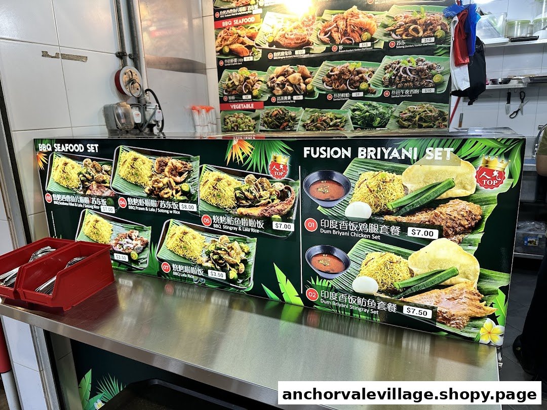 Menu boards displaying various BBQ seafood and fusion briyani sets with prices.