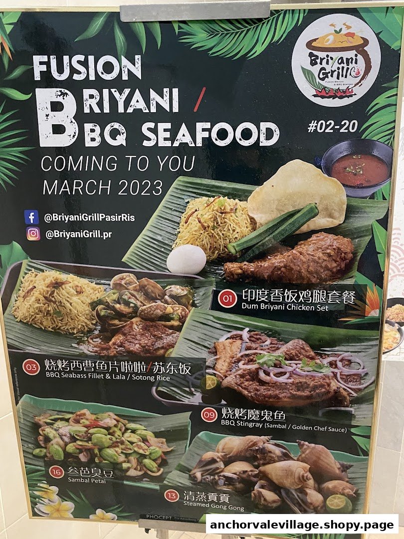 A promotional poster for Briyani Grill, showcasing fusion briyani, BBQ, and seafood dishes.