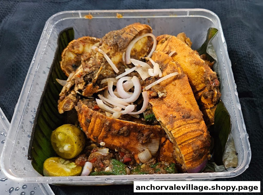 A close-up of a delicious seafood dish with spices, onions, and lime in a takeout container.