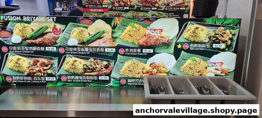 A vibrant menu board showcasing various Fusion Briyani Sets with images and prices.
