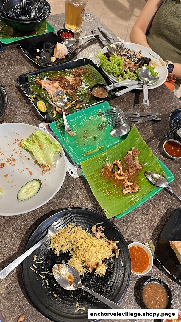 A table filled with plates of delicious, partially eaten food, showcasing a satisfying meal.