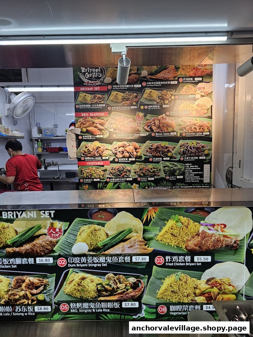 A large menu board for Briyani Grill, showcasing various briyani sets, BBQ seafood, and vegetable dishes with prices.