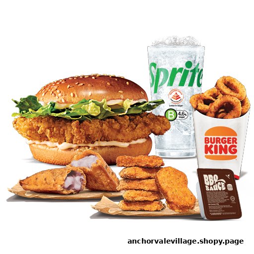 A Burger King meal with chicken sandwich, onion rings, nuggets, taro pie, Sprite, and BBQ sauce.
