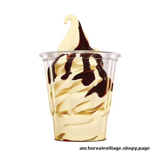 A clear plastic cup filled with vanilla soft-serve ice cream topped with chocolate syrup.