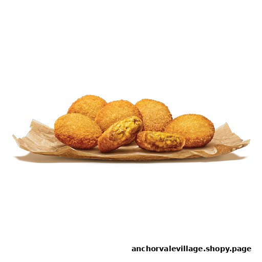 A serving of golden-brown fried bites, some cut open to reveal a cheesy, savory filling.