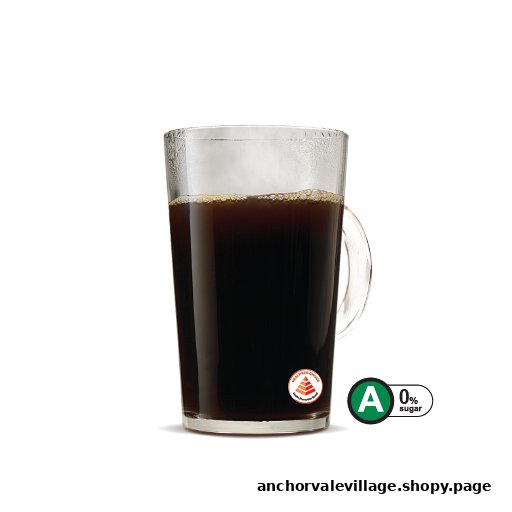 A clear glass mug filled with black coffee, featuring a '0% sugar' label.