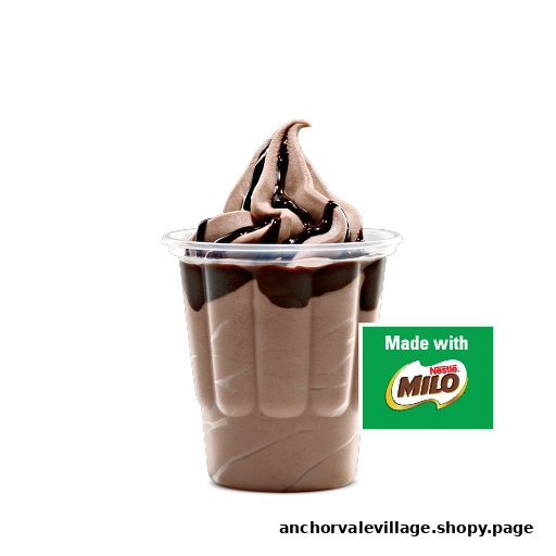A chocolate soft-serve dessert with chocolate syrup, labeled 'Made with Milo'.
