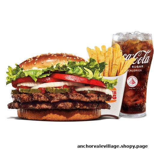 A classic Burger King meal featuring a triple burger, golden fries, and a refreshing Coca-Cola.