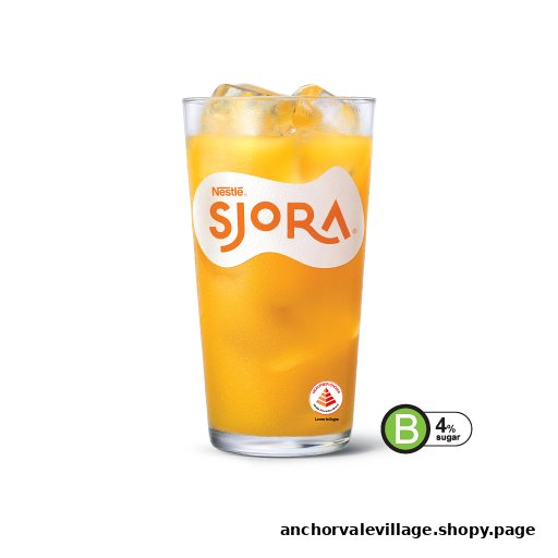 A refreshing glass of Nestlé SJORA orange drink with ice, featuring a low sugar content.
