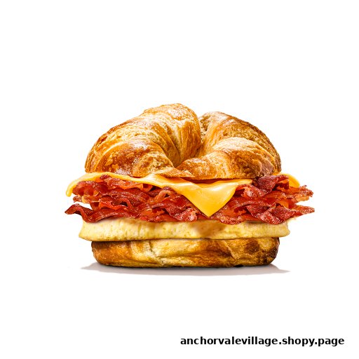 A close-up of a breakfast sandwich with bacon, egg, and cheese on a flaky croissant.