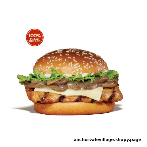 A delicious flame-grilled chicken burger with mushrooms, cheese, and lettuce on a sesame bun.