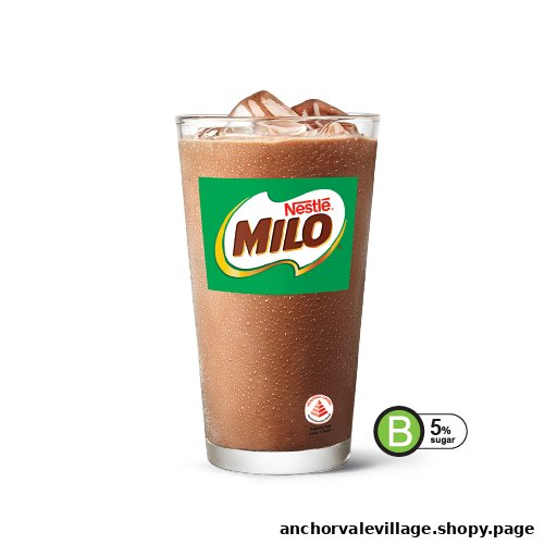 A refreshing iced Milo drink in a glass with the Nestle Milo logo and a 5% sugar label.