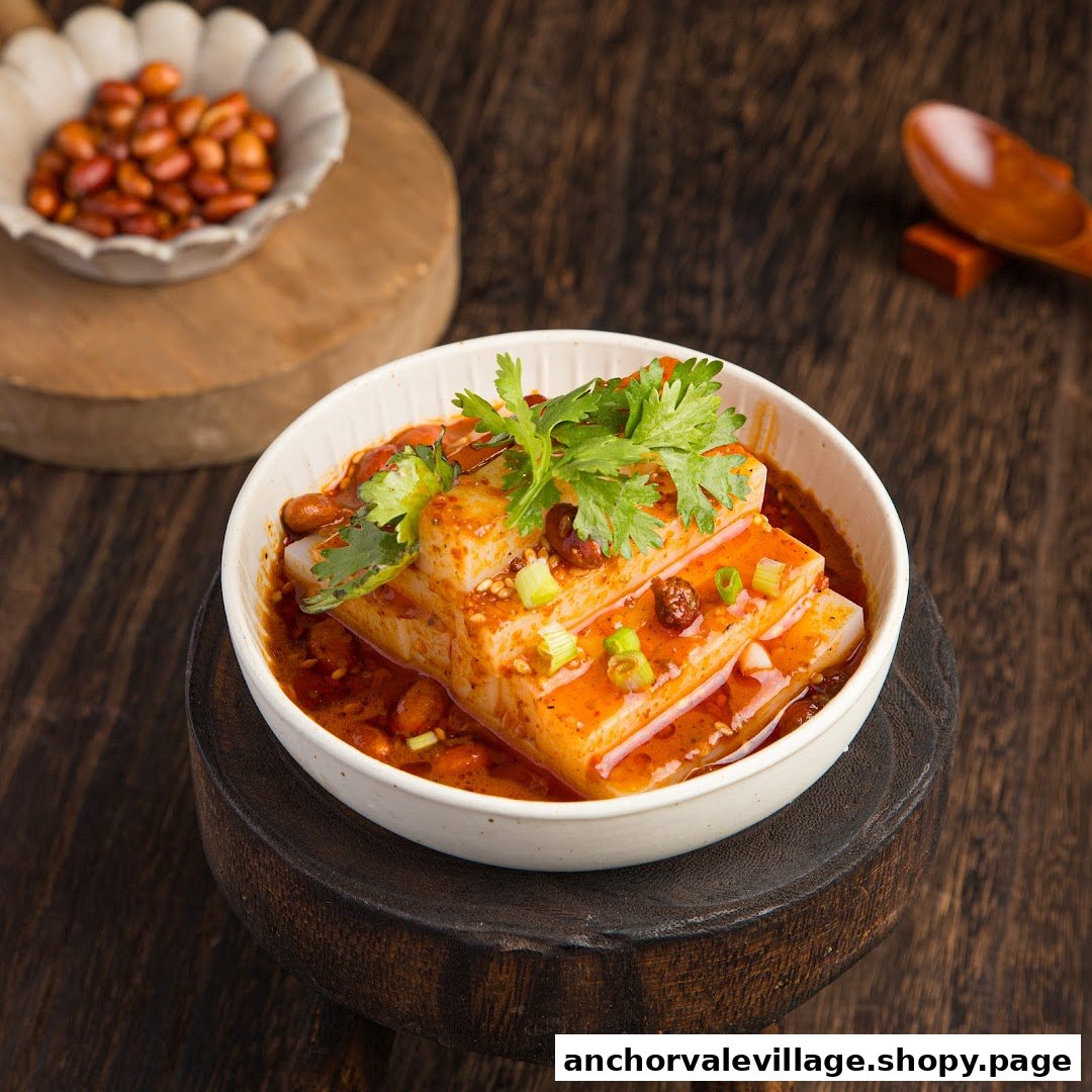 A bowl of savory bean curd or jelly noodles with spicy sauce, peanuts, and fresh cilantro.