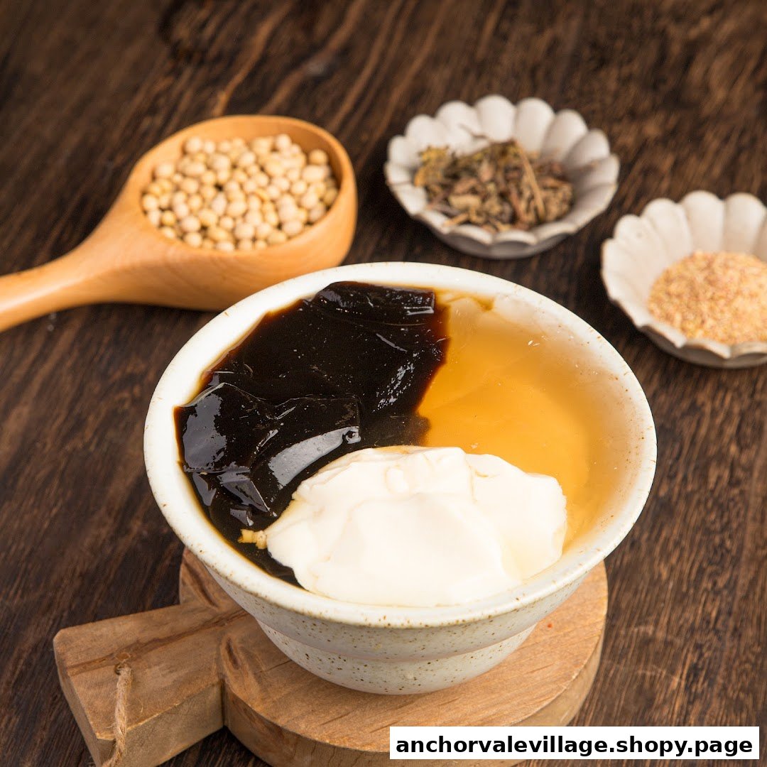A delicious bowl of traditional dou hua (tofu pudding) with grass jelly and syrup, served with toppings.