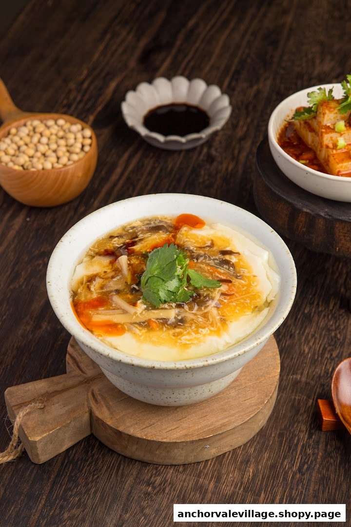 A bowl of savory dou hua (tofu pudding) with various toppings and chili oil, served on a wooden board.