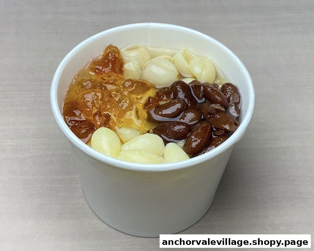 A close-up of a delicious bowl of Dou Hua (tofu pudding) with various toppings.