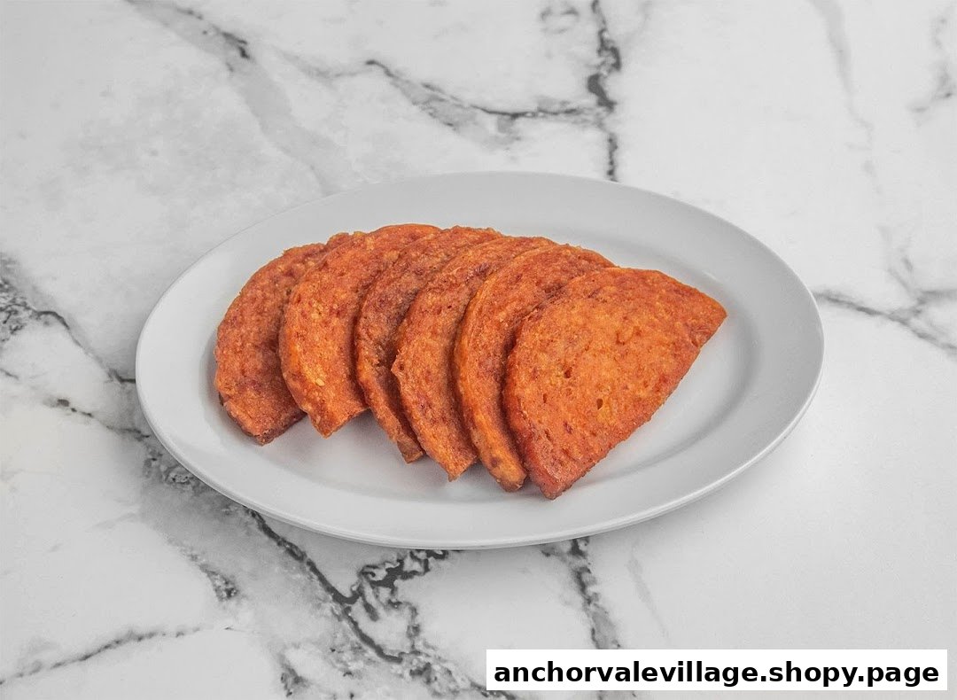 A white plate holds several slices of golden-brown fried luncheon meat on a marble surface.