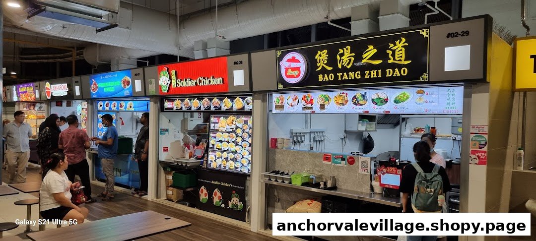 A bustling food court scene featuring multiple diverse food stalls like Soldier Chicken and Bao Tang Zhi Dao.