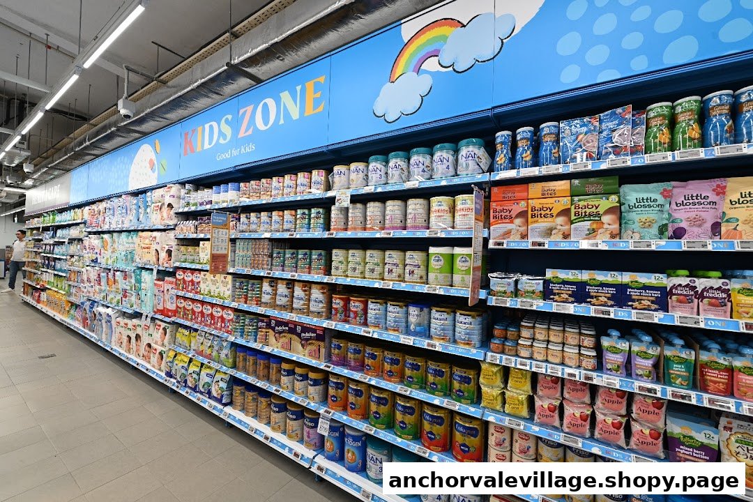 A supermarket aisle dedicated to baby and kids' products, featuring formula, food, and diapers.