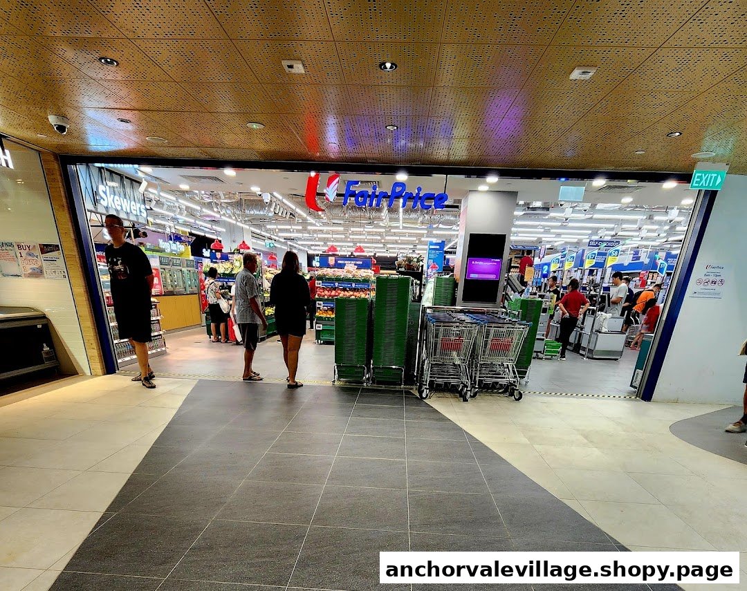 The entrance of FairPrice supermarket with shoppers, shopping carts, and fresh produce displays visible.