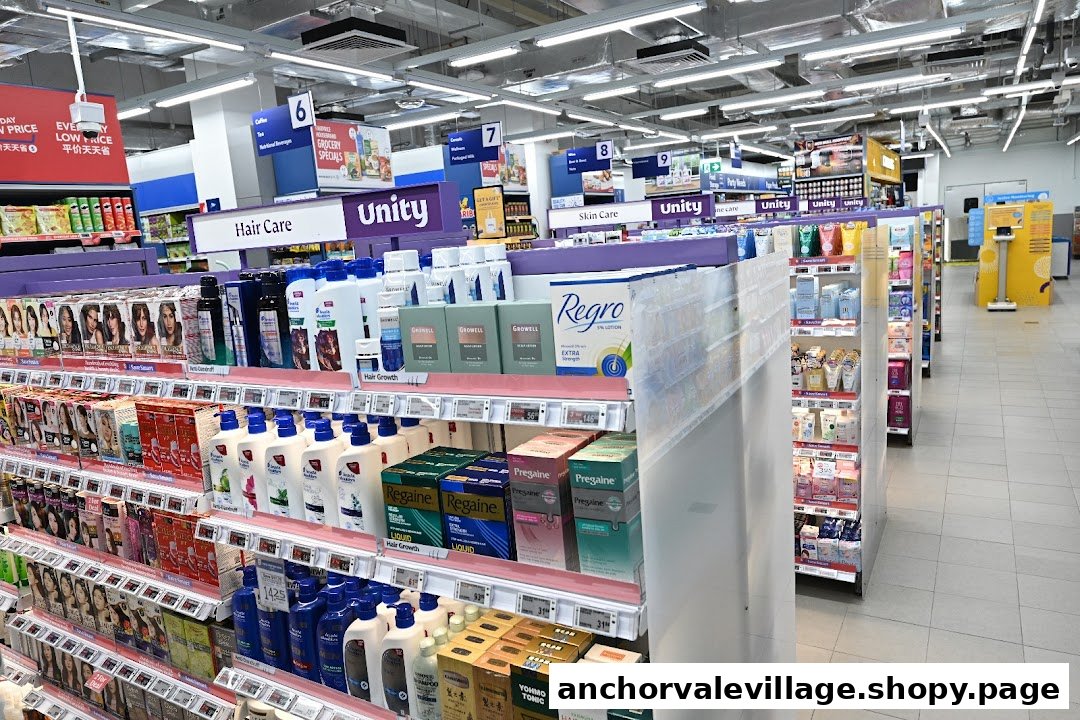 An interior view of a FairPrice supermarket aisle featuring hair care and skin care products.
