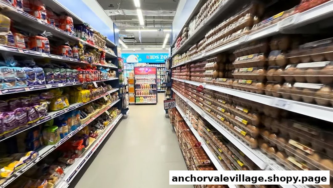 A well-stocked supermarket aisle with shelves of groceries, including eggs and packaged goods.