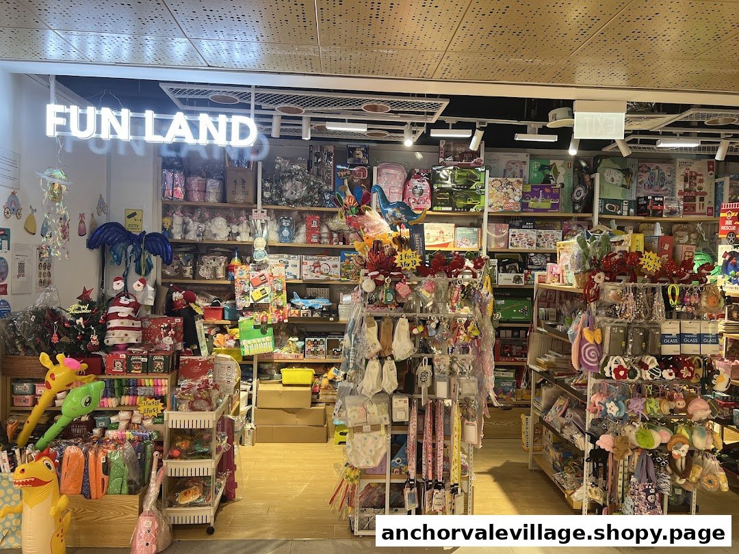 The vibrant entrance of Fun Land, a retail shop brimming with toys, gifts, and novelty items.