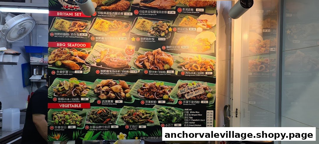 A vibrant menu board showcasing a variety of Briyani sets, BBQ seafood, and vegetable dishes at Fusion Briyani.