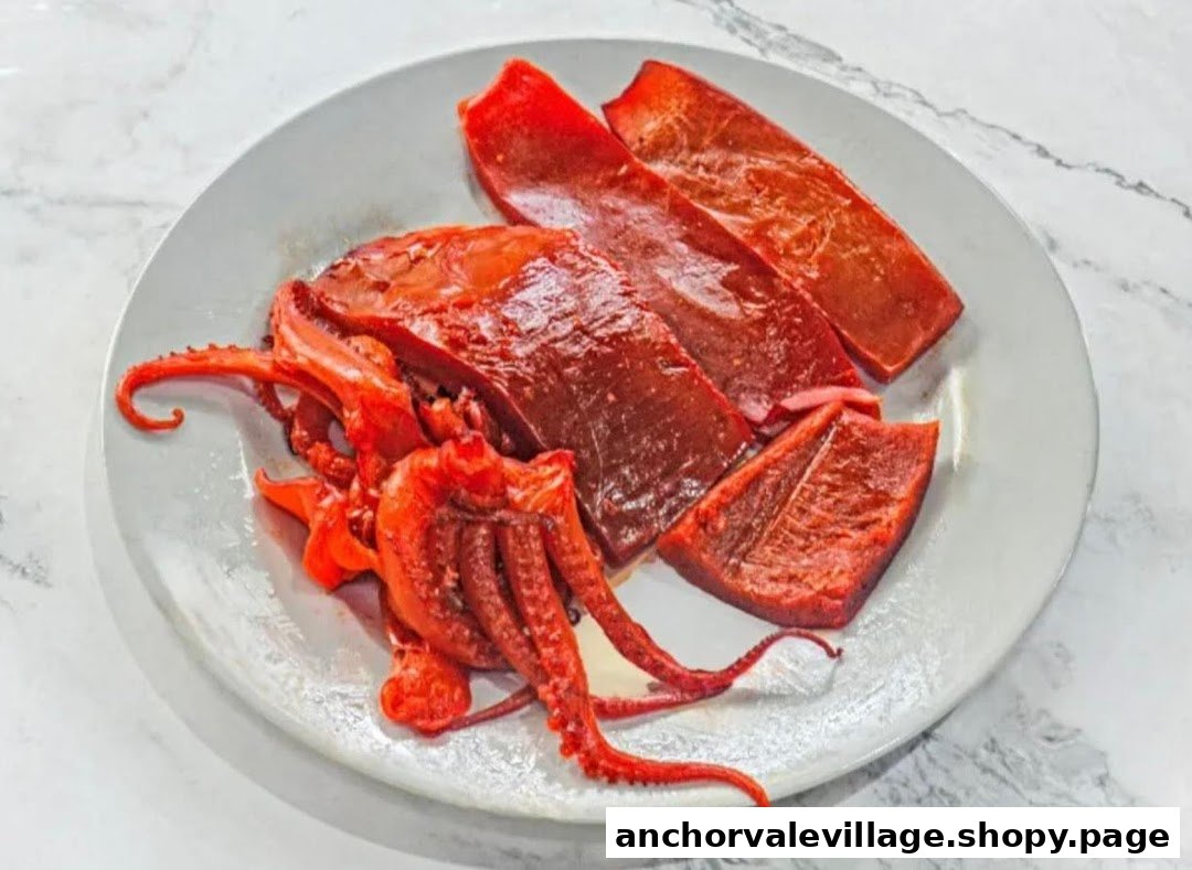 A plate showcasing vibrant red octopus and other ingredients, likely for a delicious Rojak dish.