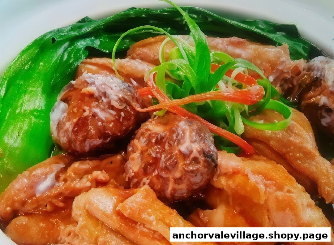 A close-up of a savory dish featuring meat, vegetables, and a rich sauce, garnished with fresh herbs.