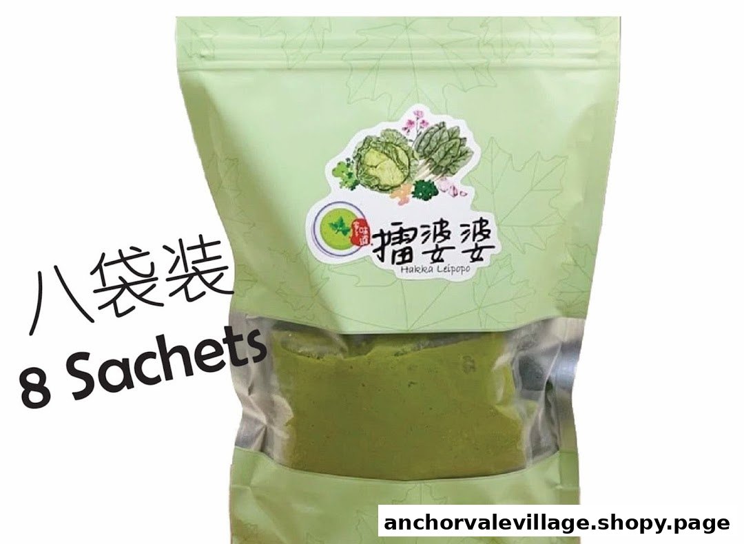 A light green pouch of Hakka Leipopo product, containing green paste and labeled '8 Sachets'.