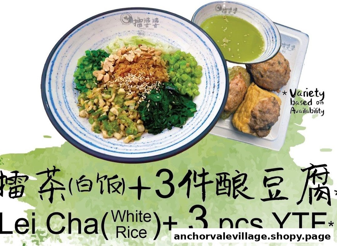 A vibrant bowl of Hakka Lei Cha (Thunder Tea Rice) with various toppings, served with green soup and Yong Tau Foo.