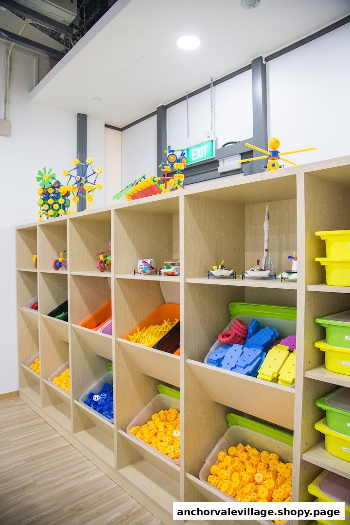 Shelves filled with colorful STEM building blocks and completed toy models in a learning center.