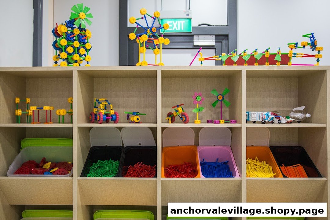Shelves filled with colorful STEM building toys, models, and materials for creative play.