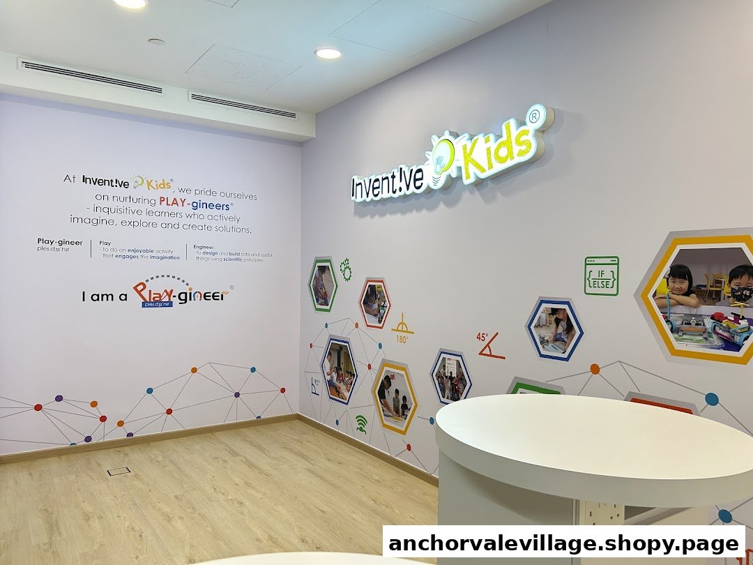 Interior view of Inventive Kids Play-based STEM Learning Centre with educational wall graphics and a counter.