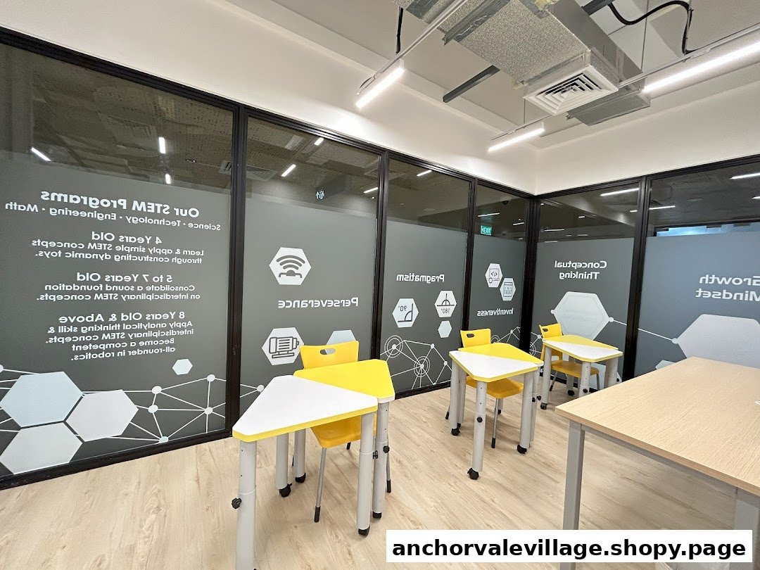 Bright, modern classroom with yellow and white desks, featuring frosted glass walls with STEM program details.