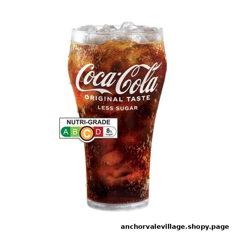 A glass of Coca-Cola Original Taste Less Sugar with ice and a Nutri-Grade C label.