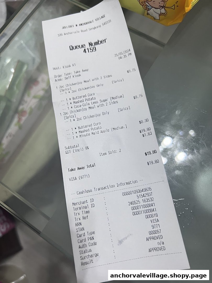 A detailed Jollibee Anchorvale Village receipt showing a customer's order and transaction details.
