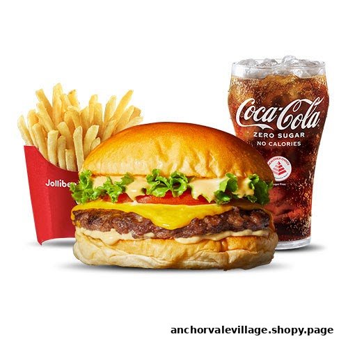 A Jollibee burger combo meal featuring a burger, fries, and a Coca-Cola Zero Sugar drink.