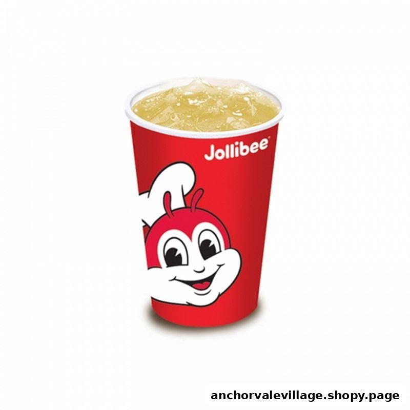 A Jollibee branded cup with a refreshing beverage and the iconic Jollibee mascot.