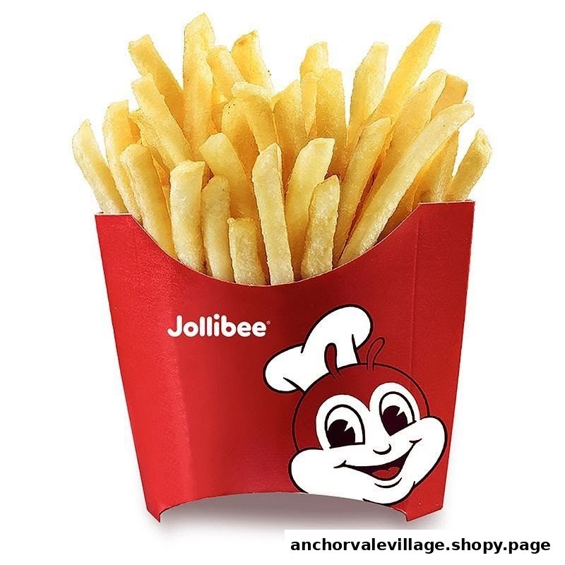 A red Jollibee carton filled with golden french fries, featuring the Jollibee mascot.