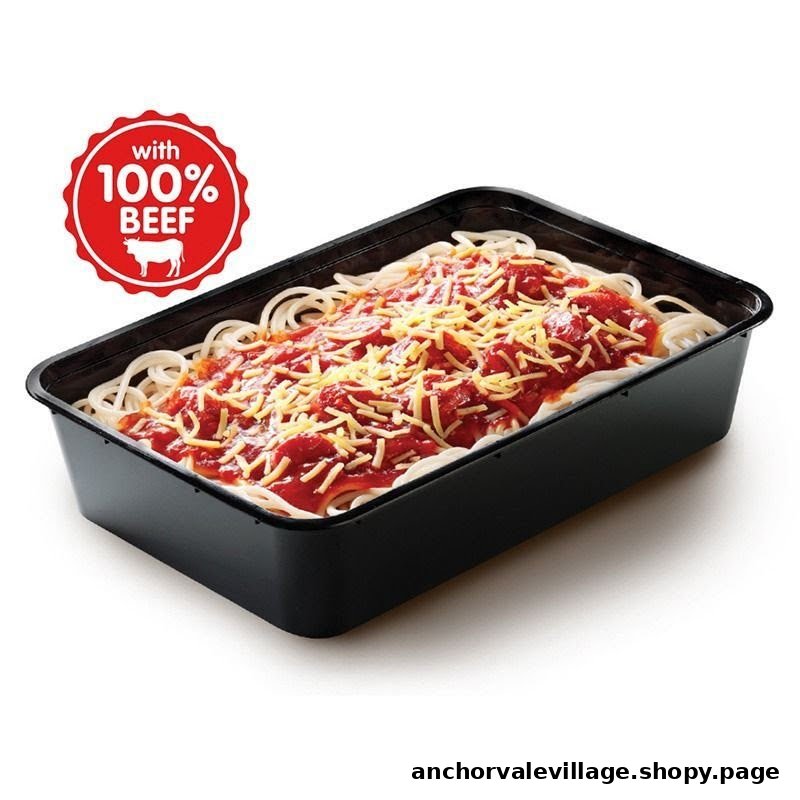 A serving of Jollibee's spaghetti with rich tomato sauce and cheese, featuring 100% beef.