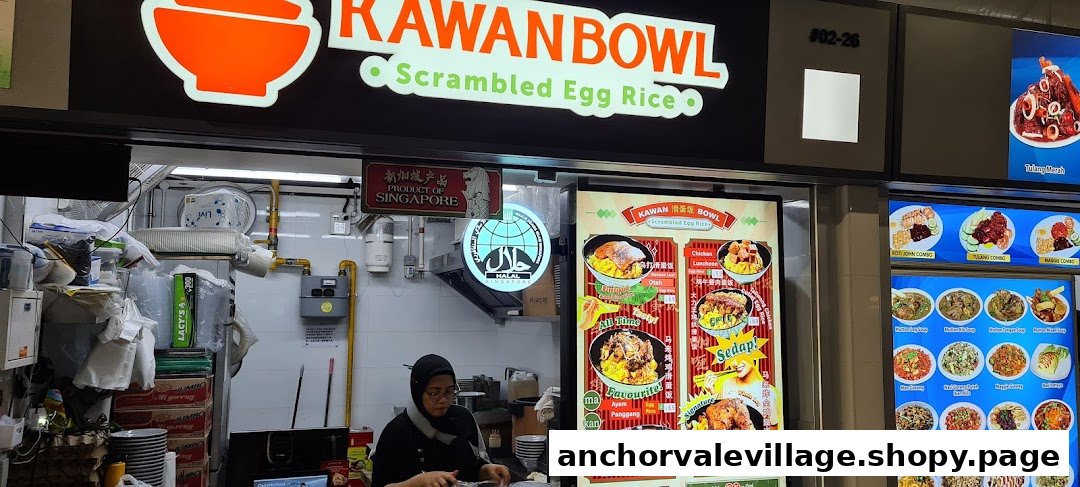 The vibrant storefront of Kawan Bowl, featuring its 'Scrambled Egg Rice' specialty and menu displays.