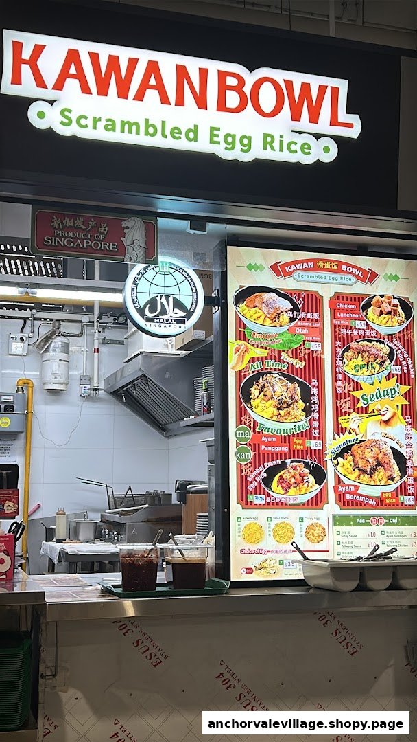 A vibrant menu board showcasing scrambled egg rice bowls and add-ons at Kawan Bowl.