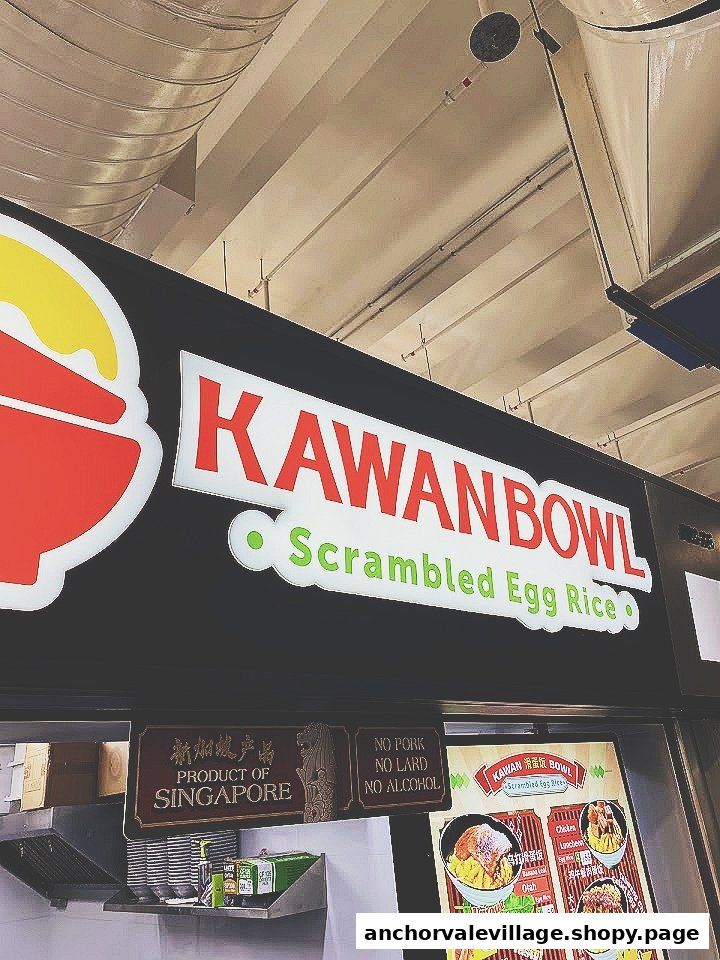 A close-up view of the Kawan Bowl signage, featuring 'Scrambled Egg Rice' and a counter.