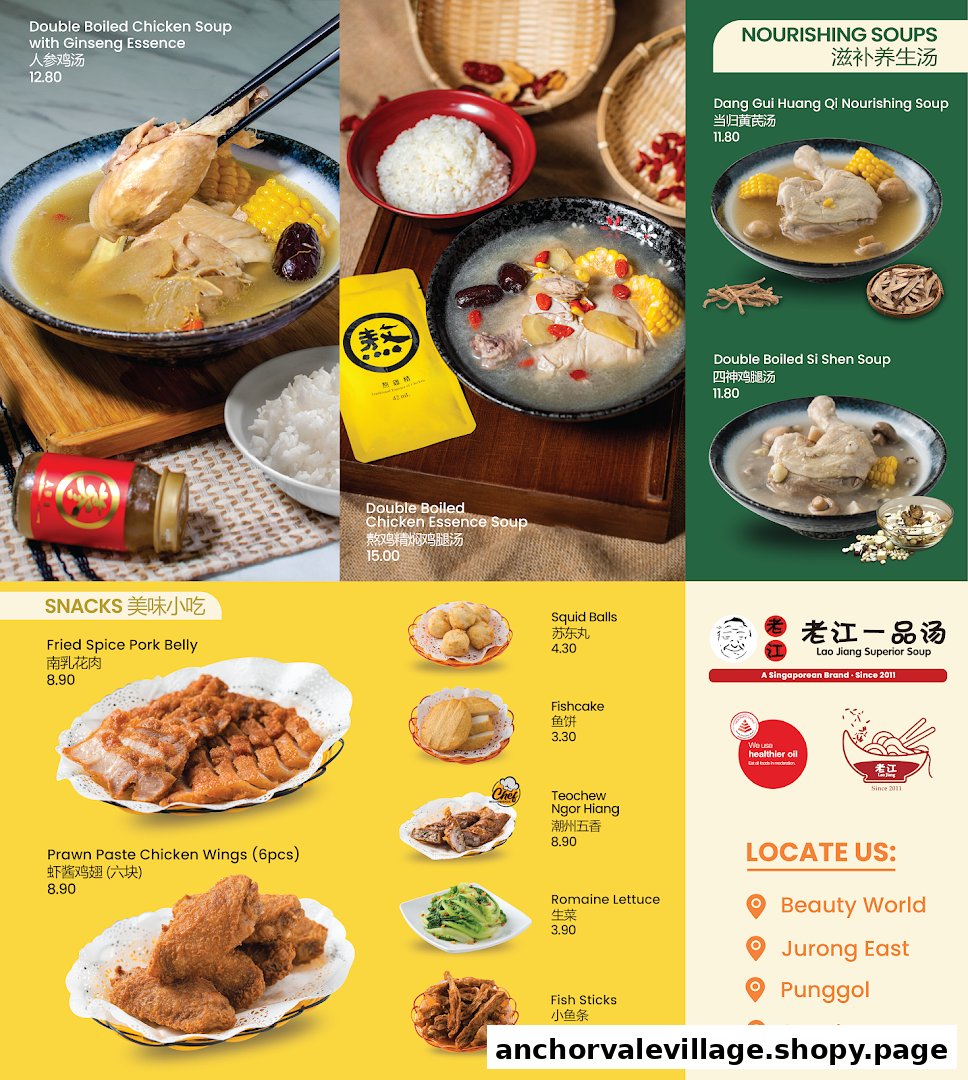 A vibrant display of nourishing soups and traditional snacks from Lao Jiang Superior Soup, featuring prices and locations.