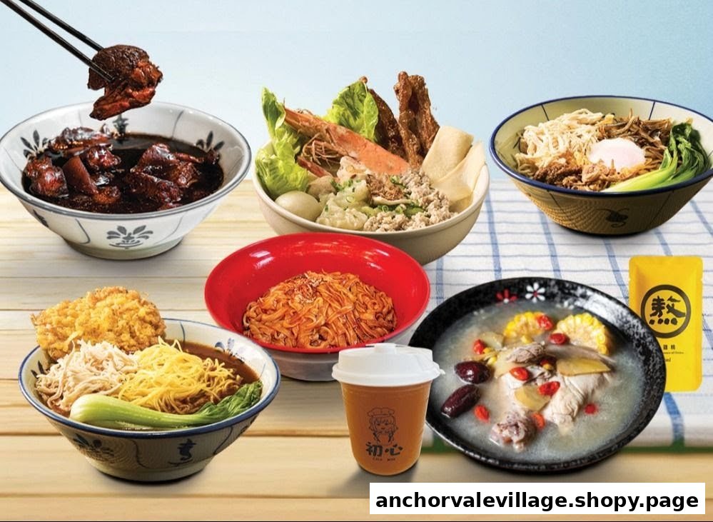 A vibrant display of various Chinese noodle dishes, soups, and braised meats from Lao Jiang Superior Soup.