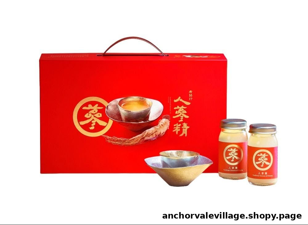 A red gift box with Lao Jiang Superior Soup's Traditional Essence of Ginseng, bottles, and a serving bowl.